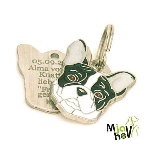 adresówki dla psów-buldog-francuski-czarno-biały-grawerowane.jpg adresówki dla psów, grawerowane adresówki dla psów, adresówki dla psów rasowych MjavHov - Adresówki dla psów online